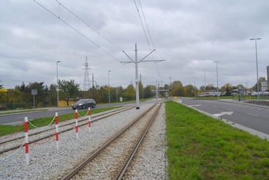 Fragment przebudowanego torowiska tramwajowego na ul. Skłodowskiej-Curie
