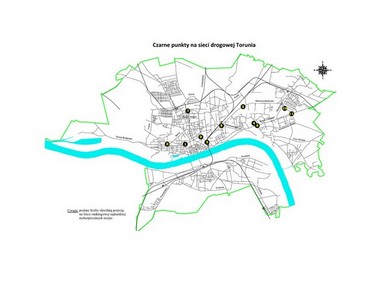 Mapa przedstawiająca zidentyfikowane elementy sieci drogowej miasta  o najniższym poziomie bezpieczeństwa ruchu,  tzw. czarne punkty 